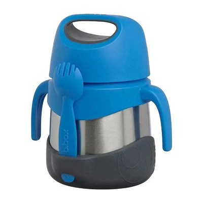 Blue slate insulated food jar by B.box with a spork attached and easy-grip handles, ideal for keeping food warm.