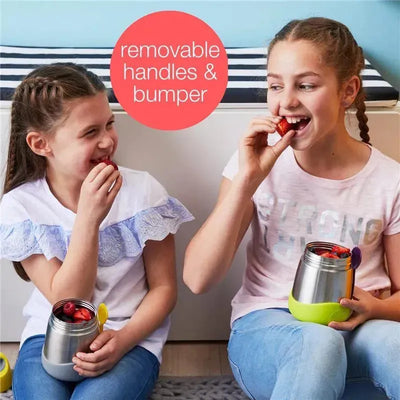 Two girls enjoy strawberries from a B.box blue slate insulated food jar, featuring removable handles and a bumper.
