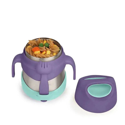 Insulated lilac food jar with a spork, filled with pasta and vegetables, and a removable lid.