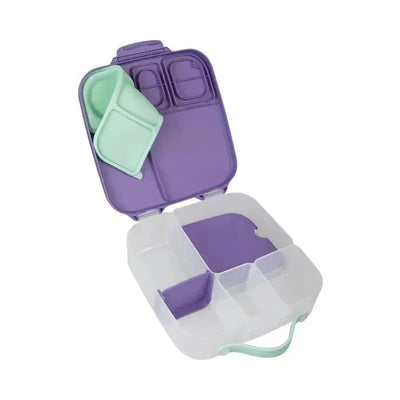 B.box Lunchbox in Lilac Pop features a purple interior with multiple compartments and a mint green utensil holder.