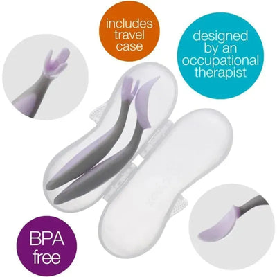Toddler cutlery set in boysenberry, includes a travel case, designed by an occupational therapist, BPA free.