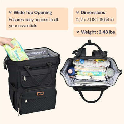 Diaper bag backpack in black with a wide top opening, showcasing inside contents like diapers, wipes, and bottles.