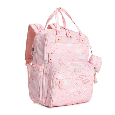Pink diaper bag backpack with bird and cloud patterns, featuring multiple compartments and a side accessory pouch.