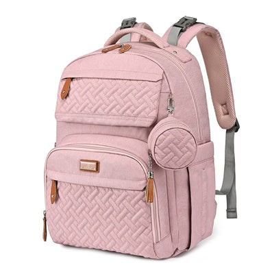 Pink BabbleRoo diaper bag backpack featuring quilted texture, multiple storage pockets, and a detachable circular pouch.