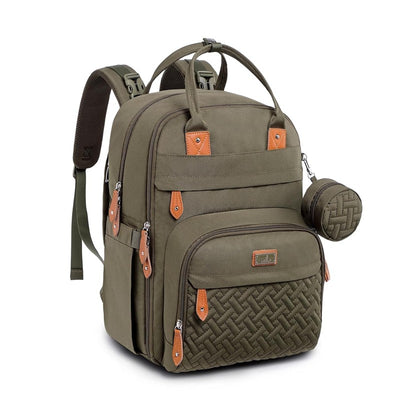 Army green diaper bag backpack with brown accents, featuring multiple zippered compartments and a detachable round pouch.