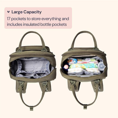 Army green diaper bag backpack featuring a large capacity with 17 pockets, including insulated bottle pockets.