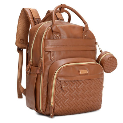 Vegan leather brown diaper bag with multiple pockets, a woven front design, and a removable circular pouch attached.