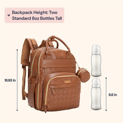Vegan leather brown diaper bag with a woven texture, accompanied by two standard 8oz baby bottles for size reference.