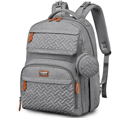 Light gray travel backpack with multiple compartments, a changing pad, and a detachable pouch.