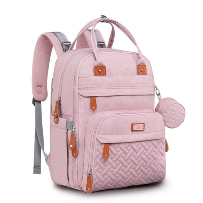 Pink BabbleRoo travel tote bag featuring waterproof material, multiple pockets, and leather accents.