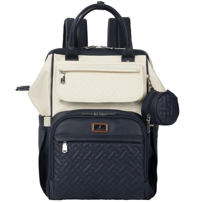Vegan leather diaper bag backpack in Blueberry Cream featuring multiple compartments and a detachable small pouch.
