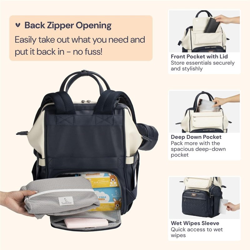 BabbleRoo Wide Top Diaper Bag Backpack - Vegan Leather Blueberry Cream Image 5