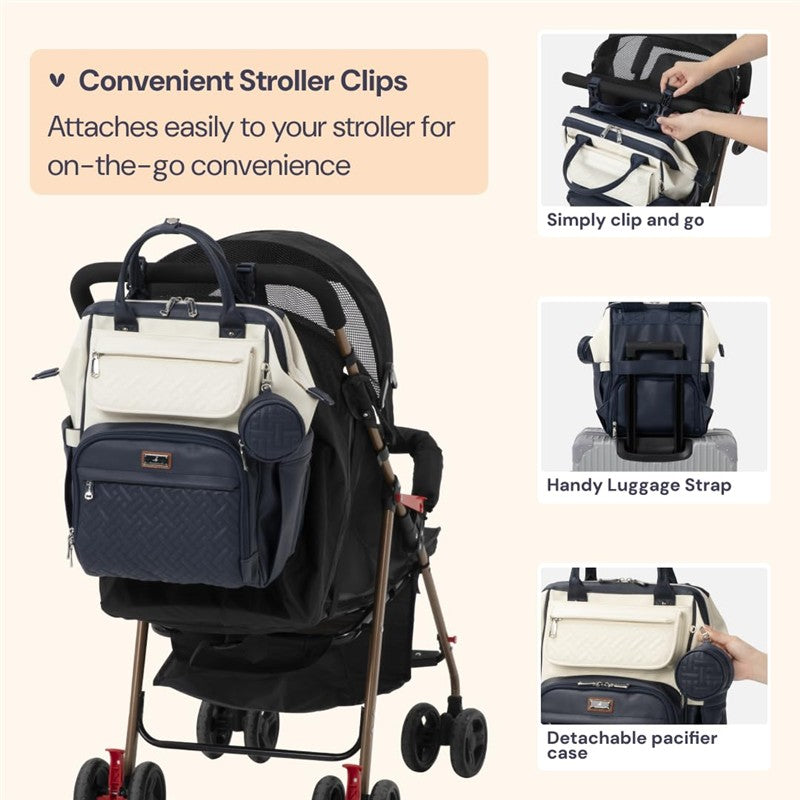 BabbleRoo Wide Top Diaper Bag Backpack - Vegan Leather Blueberry Cream Image 6