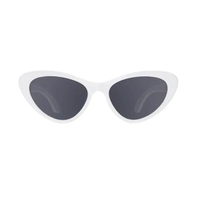 White cat-eye sunglasses with dark lenses, designed for infants aged 0-2, featuring a stylish shape.