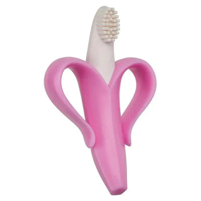 Baby Banana Teething Toothbrush in pink, shaped like a banana with soft bristles for gentle teething relief.