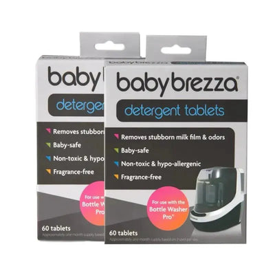Baby Brezza detergent soap tablets, 120 tablets total, for use in Bottle Washer Pro; baby-safe and non-toxic.