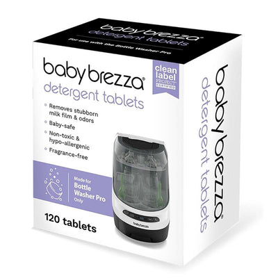 Baby Brezza detergent soap tablets for bottle washers, 120 tablets, stating features: baby-safe, non-toxic, hypo-allergenic, and fragrance-free.