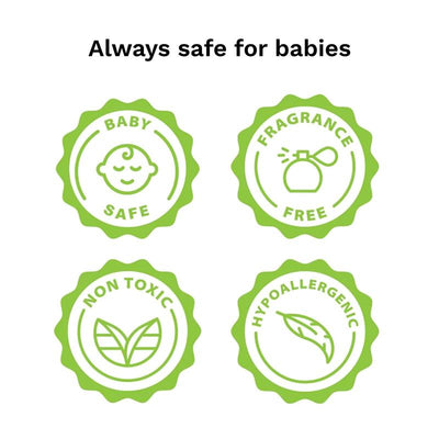 Green badges indicating Baby Brezza detergent soap tablets are baby safe, fragrance-free, non-toxic, and hypoallergenic.