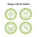 Green badges indicating Baby Brezza detergent soap tablets are baby safe, fragrance-free, non-toxic, and hypoallergenic.