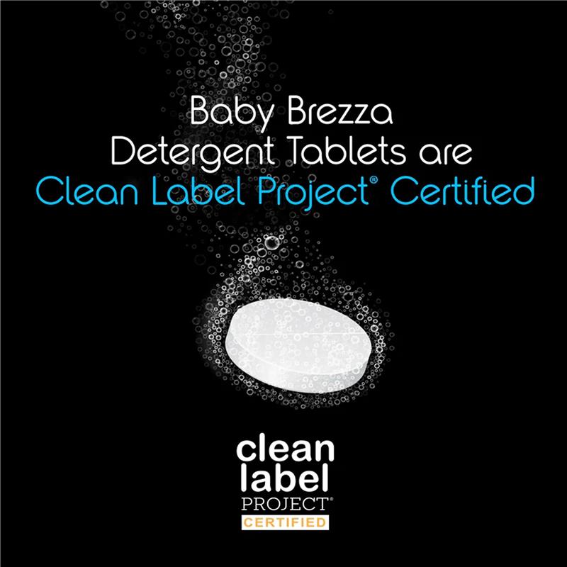Baby Brezza Detergent Soap Tablets for bottle washing, Clean Label Project certified, on a black background with bubbles.