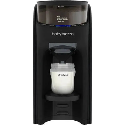 Baby Brezza Formula Pro Advanced Mixing System in black, featuring a transparent jar for mixing formula, with control panel above.