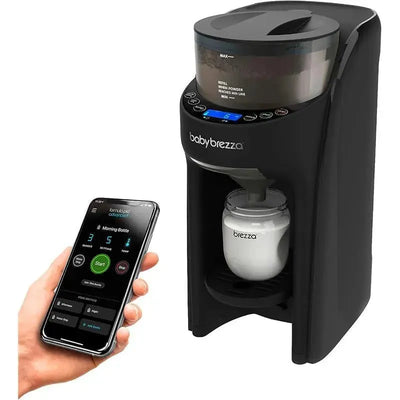 Baby Brezza Formula Pro Advanced Mixing System in black, with a smartphone app for remote operation, mixing formula.