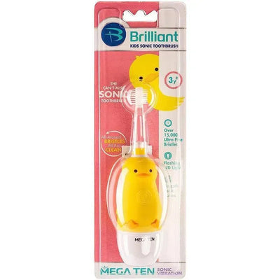 Kids sonic toothbrush designed as a yellow duck, featuring over 15,000 bristles and a flashing LED light.