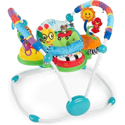 Activity jumper featuring colorful toys, musical buttons, and a padded seat for infants, promoting play and learning.