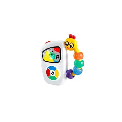 Colorful Baby Einstein Take Along Tunes Musical Toy, featuring a smiling caterpillar and buttons for music and lights.