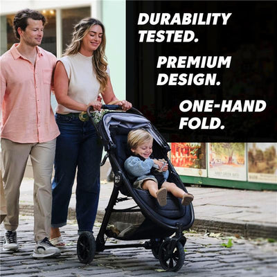 City Mini GT3 single stroller in Deep Sea Blue, with a child seated inside, as a couple walks together. Text highlights durability, design, and foldability.