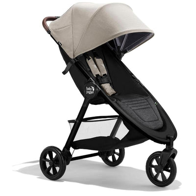 Single Baby Jogger City Mini GT3 stroller in Frosted Ivory, featuring a canopy, safety harness, and a storage basket underneath.