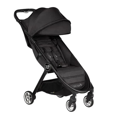 City Tour 2 single stroller by Baby Jogger in pitch black, featuring a canopy, adjustable seat, and compact design.