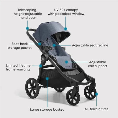 Single-to-double Baby Jogger City Select 2 stroller in Radiant Slate with adjustable features and all-terrain tires.