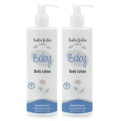 Two bottles of Baby Jolie Body Lotion, 11 oz, each with a pump top, labeled hypoallergenic and dermatologically tested.