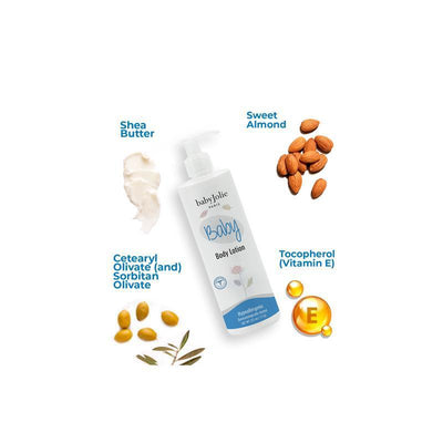 Baby Jolie body lotion, 11oz, displayed with shea butter, sweet almonds, tocopherol (Vitamin E), and Cetearyl Olivate ingredients.