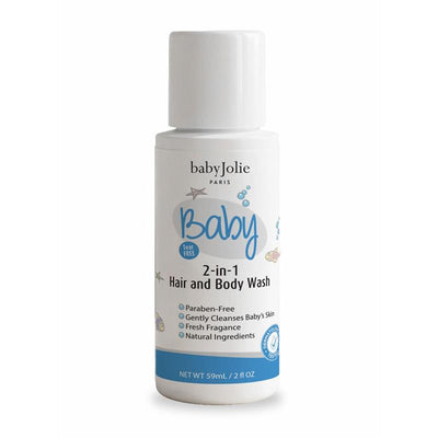 Travel-size Baby Jolie 2-in-1 Hair and Body Wash, 2oz, featuring a tear-free formula, paraben-free, and natural ingredients.