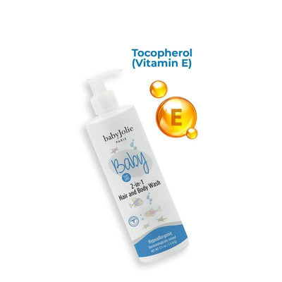 Baby Jolie 2-In-1 Hair & Body Wash, 7.5 oz bottle featuring waterproof label and Vitamin E graphic. Hypoallergenic formula.