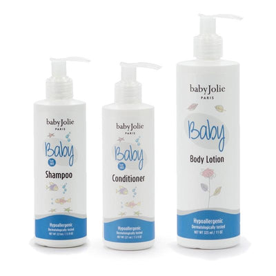 Three bottles of Baby Jolie bath products, including shampoo, conditioner, and body lotion, labeled and hypoallergenic.