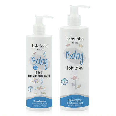 Baby Jolie Bath Set featuring 2-in-1 Hair and Body Wash and Body Lotion, both hypoallergenic and dermatologically tested.