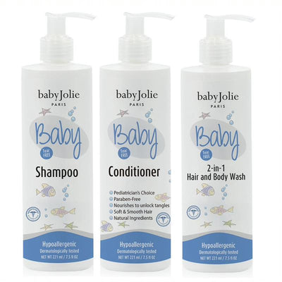 Baby Jolie Baby Bath Time Set featuring shampoo, conditioner, and 2-in-1 hair and body wash, all tear-free and hypoallergenic.