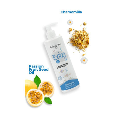 Baby Jolie shampoo bottle with chamomilla and passion fruit seed oil; hypoallergenic formula for baby bath time.