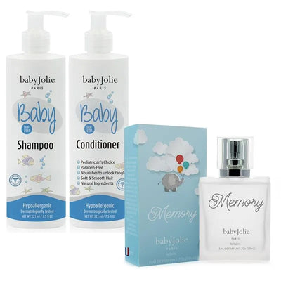 Baby Jolie Bath Gift Set featuring shampoo and conditioner bottles alongside Memory baby perfume in a decorative box.