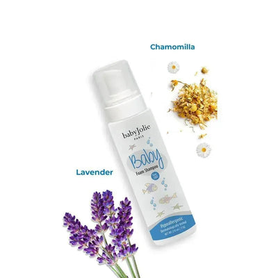Baby Jolie Foam Shampoo 7 Oz with lavender and chamomile ingredients, hypoallergenic formula.