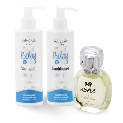 Baby Jolie gift set featuring shampoo, conditioner, and Le Bebe perfume, all labeled and hypoallergenic.