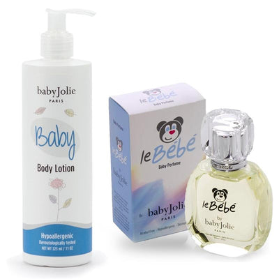 Baby Jolie body lotion in a white bottle and le Bebe baby perfume in a clear bottle with a blue box, both hyp?allergenic.