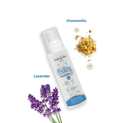 Baby Jolie Foam Shampoo bottle with lavender and chamomilla flowers. Hypoallergenic, tear-free formula for infants and toddlers.