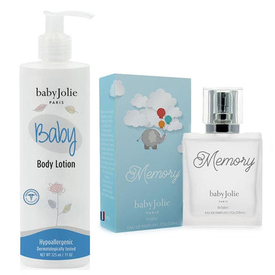 Baby Jolie lotion and Memory perfume for babies, featuring a lotion bottle and a boxed perfume with an elephant design.