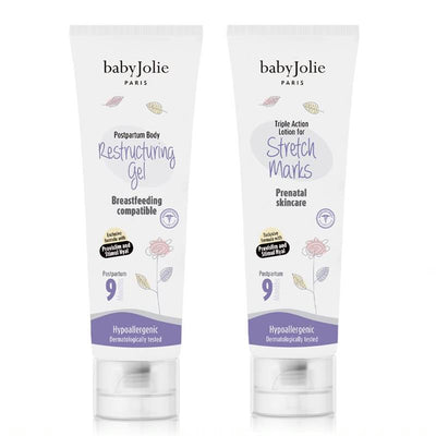 Moisturizing and stretch marks triple bundle from Baby Jolie, featuring restructuring gel and stretch mark lotion.
