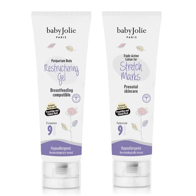 Postpartum set featuring Baby Jolie Restructuring Gel and Stretch Marks lotion, both hypoallergenic and breastfeeding compatible.