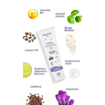 Restructuring gel for postpartum care by Baby Jolie, featuring key ingredients like Vitamin B5 and Hyaluronic Acid.